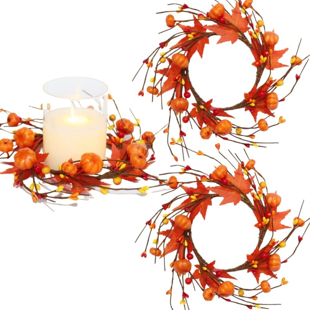 2 Pieces Pumpkins Candle Rings Wreaths Fall Thanksgiving Day Ring Holder with Maple Leaves Berries Wreath Mini Autumn Artificial for Wedding,Door Tabletop Decoration (Orange)