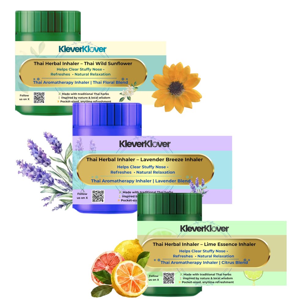 KleverKlover Herbal Nasal Inhaler, 3-Pack Variety Set - Aromatherapy Nasal Inhaler for Enhanced Breathing, Promotes Clearer Nasal, Soothing Relief - Featuring Thai Sunflower, Lime, & Lavender Scents