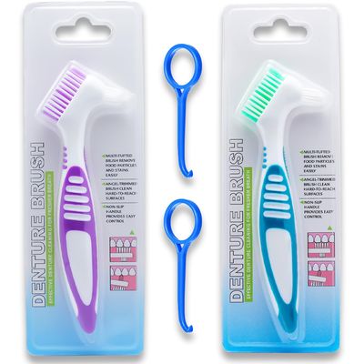 New Blessing 2 Pack Denture Brushes, Double-Sided Cleaning Brushes for False Teeth, Non-Slip Handle Dental Appliance Cleaner (2 Colors)