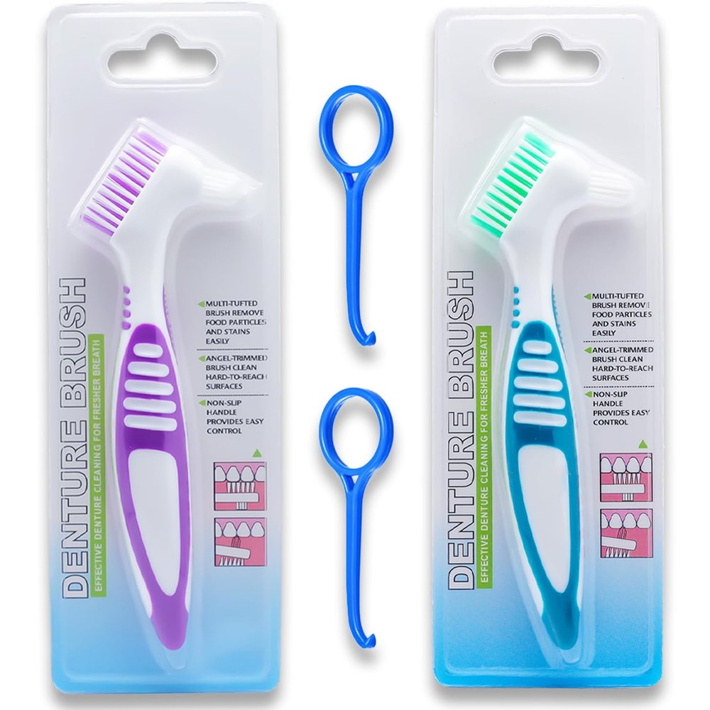 New Blessing 2 Pack Denture Brushes, Double-Sided Cleaning Brushes for False Teeth, Non-Slip Handle Dental Appliance Cleaner (2 Colors)