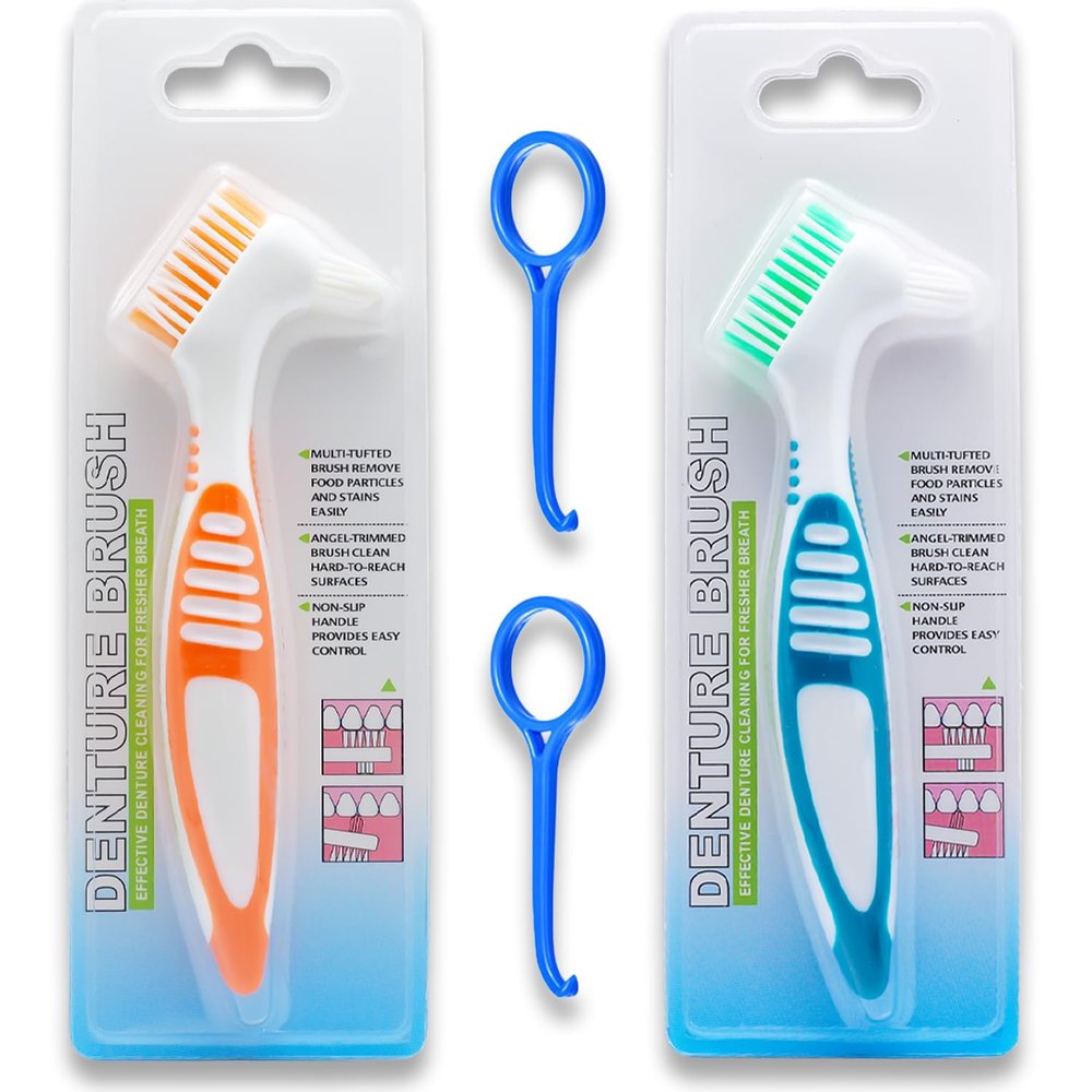 Denture Brushes 2 Pack, Double Sided Cleaner for False Teeth (2 Colors)