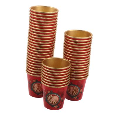 ABOOFAN 50Pcs Red Wedding Party Cups Disposable Chinese Paper Cutlery for Celebrations with Print Leakproof Easy Cleanup for Tea Wine