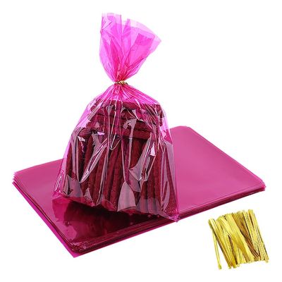 100 Pcs 15 x 23 cm Small Cellophane Gift Bags Solid Color Treat Bags Transparent Goodie Bag Cello Gift Packages Clear Plastic Party Favor Bag with Ties for Birthday Holiday Pink