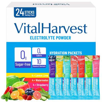 24 Sticks Electrolytes Powder Packets 7 Flavors Sugar Free Hydration Packets Liquid Daily IV Drink Mix, Low Sodium, Lemon Lime, Watermelon, Strawberry, Grape, Grapefruit, Lemon Cucumber, Mint