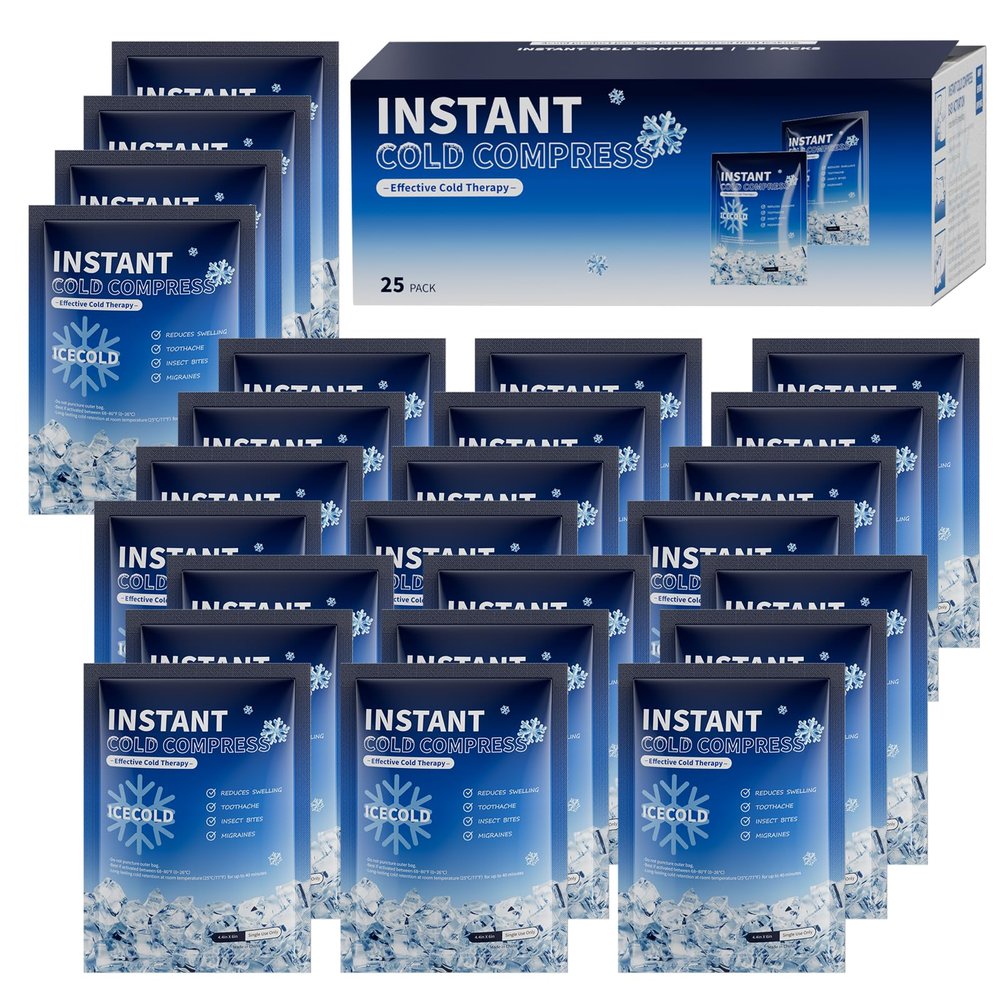 25 Instant Ice Cold Packs, 4.4" x 6" Disposable Ice Packs for Injuries, Pain Relief, No Freeze Needed Cold Compress for First Aid, Athletes