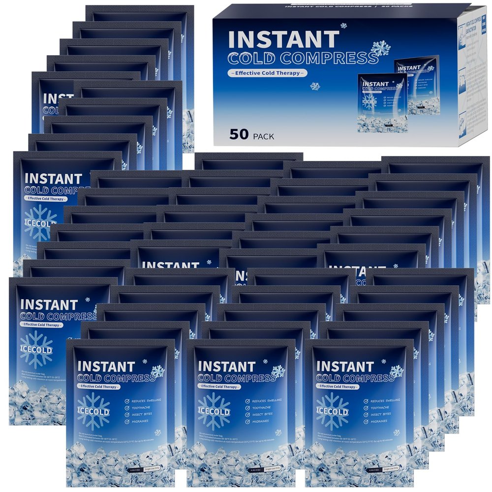 50 Instant Ice Cold Packs, 4.4" x 6" Disposable Ice Packs for Injuries, Pain Relief, No Freeze Needed Cold Compress for First Aid, Athletes
