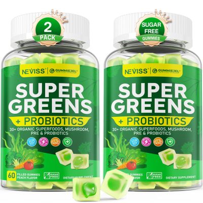 2 PACK Organic Super Greens Daily Superfood Gummies + Probiotics, Spirulina, Chlorella Spinach Broccoli, Prebiotic Fiber, Mushroom -Rich in Vitamins & Antioxidants - Digestive, Focus, Energy, No Sugar