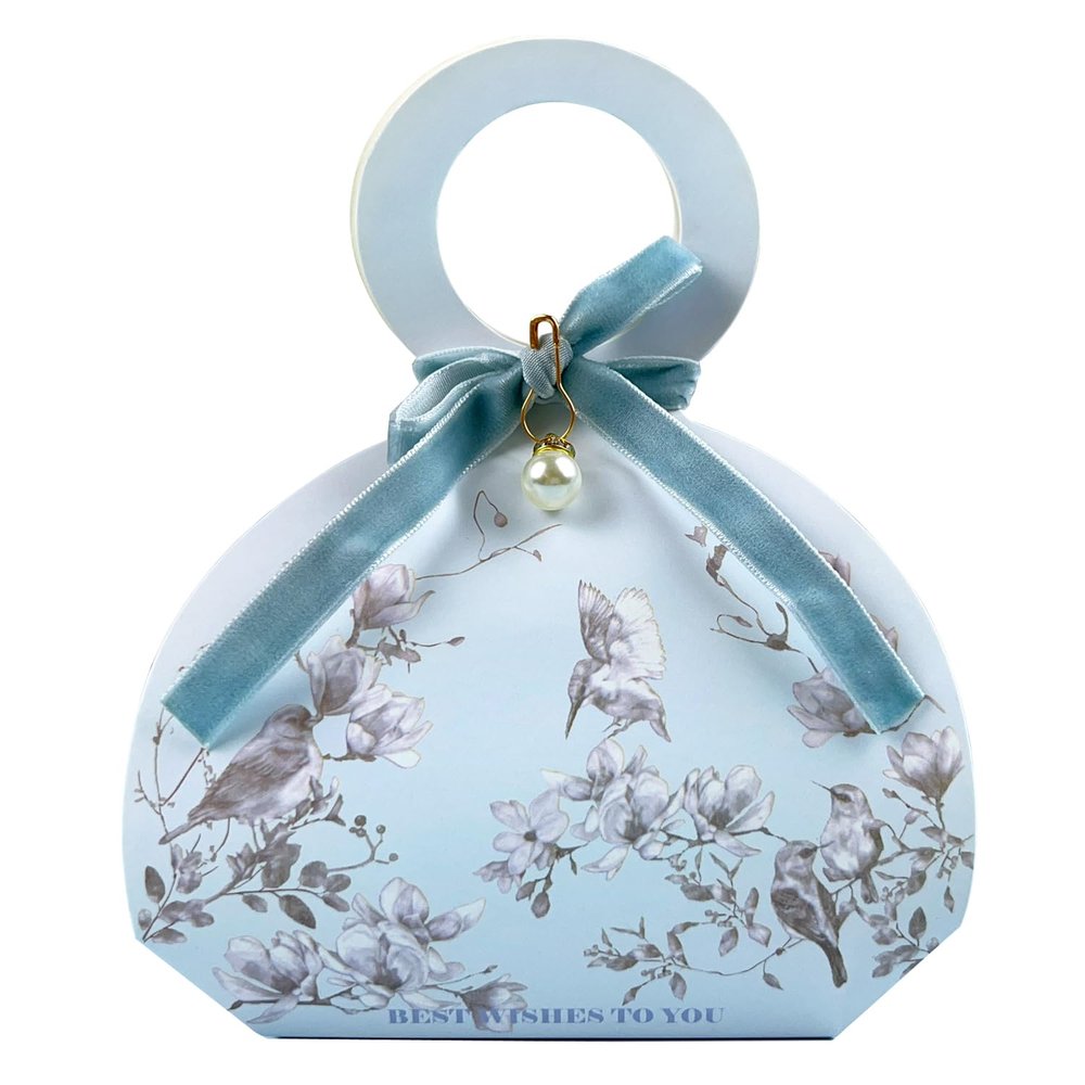 20 PCS Small Gift Boxes, Flower & Bird Party Favor Boxes Goodie Bags with Handle, Velvet Bow, Pearl Pendant for Wedding Anniverary Valentine's Day Birthday Party Presents 4"x5.1"x1.4"(Mist Blue)