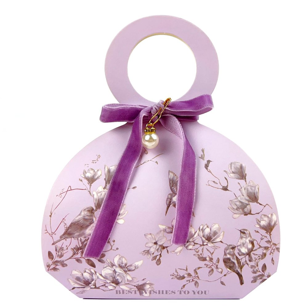 20 PCS Small Gift Boxes, Flower & Bird Party Favor Boxes Goodie Bags with Handle, Velvet Bow, Pearl Pendant for Wedding Anniverary Valentine's Day Birthday Party Presents 4"x5.1"x1.4"(Lilac Purple)
