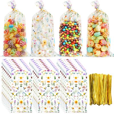 100 Pcs Flower Goodie Bags with Twist Ties, 4.9x11.8 Inches Flower Plastic Candy Clear Bag, Seamless Floral Design for Wedding Birthday Party Favors, Baby Shower, Garden Party & Candy Packaging