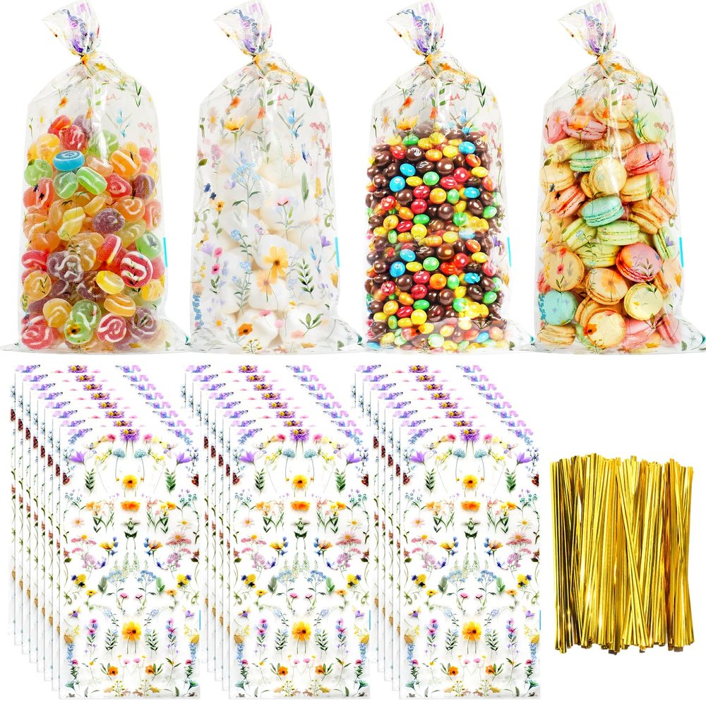 100 Pcs Flower Goodie Bags with Twist Ties, 4.9x11.8 Inches Flower Plastic Candy Clear Bag, Seamless Floral Design for Wedding Birthday Party Favors, Baby Shower, Garden Party & Candy Packaging