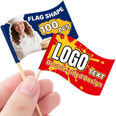 100Pcs Custom Toothpick Flags with Logo/Photo Food Labels for Party Buffet Personalized Cupcake Toppers Flag Toothpicks for Appetizers, Buffet, Cupcake, Food, Fruit, Party Decoration