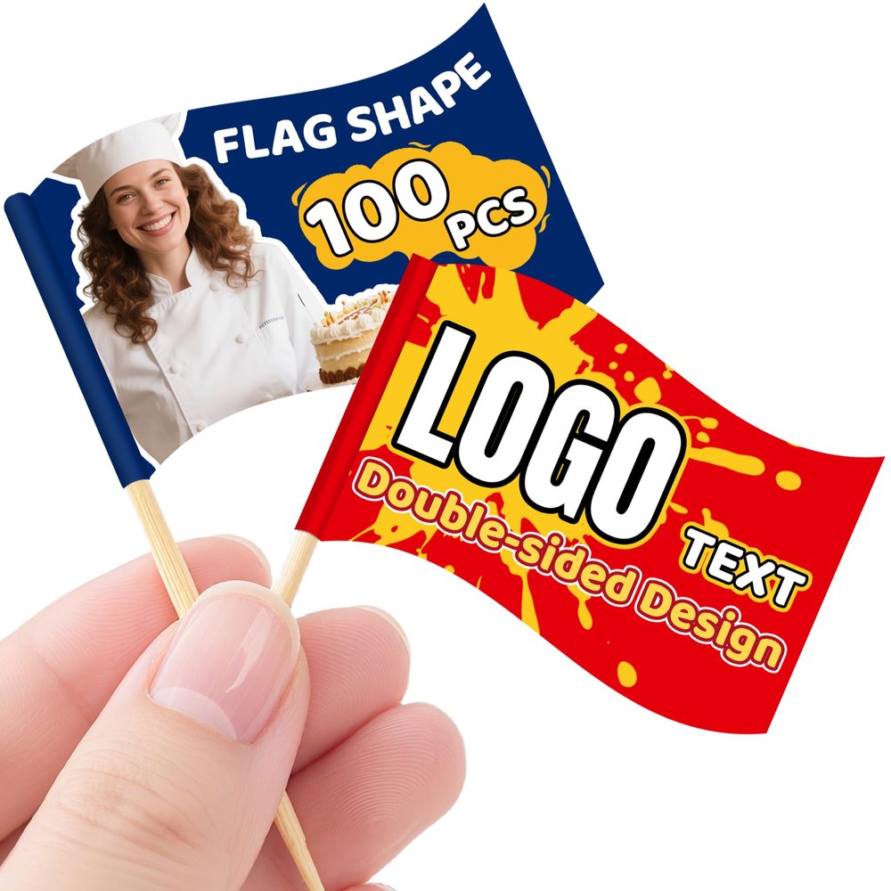 100Pcs Custom Toothpick Flags with Logo/Photo Food Labels for Party Buffet Personalized Cupcake Toppers Flag Toothpicks for Appetizers, Buffet, Cupcake, Food, Fruit, Party Decoration