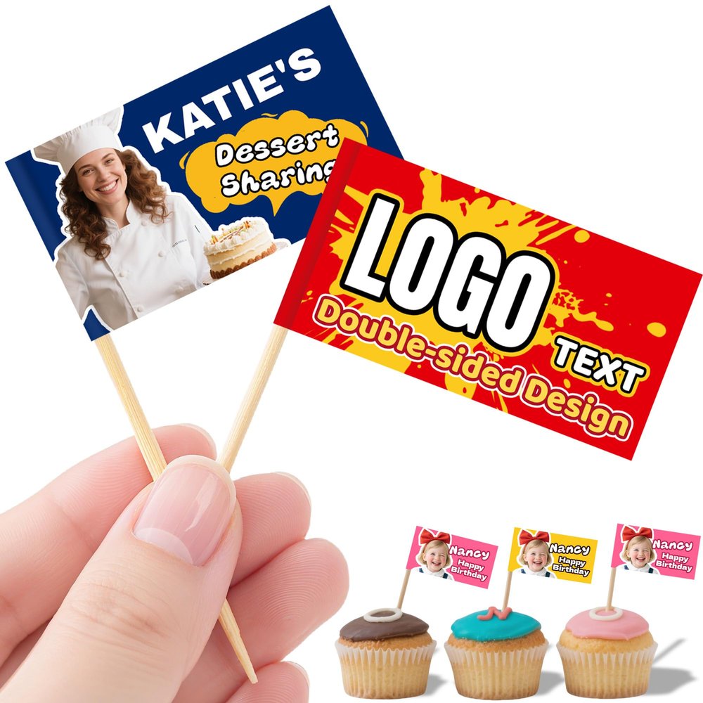 100Pcs Custom Toothpick Flags with Logo/Photo Food Labels for Party Buffet Personalized Cupcake Toppers Flag Toothpicks for Appetizers, Cupcake, Food, Fruit, Party Decoration (Rectangle)