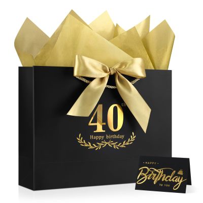 JMANNI Black Gold 40th Birthday Gift Bag with Card and Tissue Paper, 12.6"9.84"3.9" Elegant Present Bag for Adults, 40 Year Old Birthday Keepsake Party Supplies