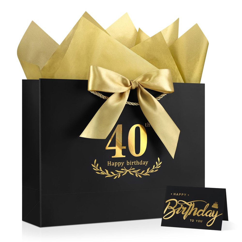 JMANNI Black Gold 40th Birthday Gift Bag with Card and Tissue Paper, 12.6"9.84"3.9" Elegant Present Bag for Adults, 40 Year Old Birthday Keepsake Party Supplies