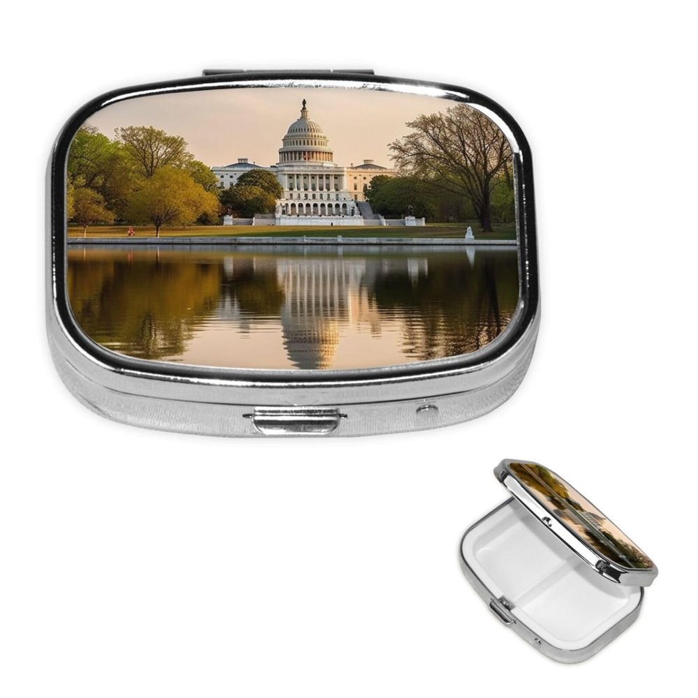 White House Lake View Pill Box Round Pill Case for Pocket Purse 2 Compartment Medicine Pill Organizer Cute Portable Travel Pillbox Vitamin Cod Liver Oil Storage Box Unique Gift Organizer