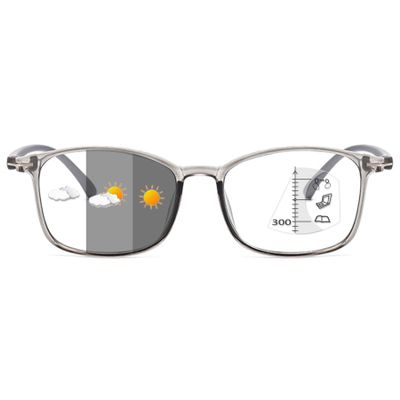 ALKAHE Rectangle Progressive Multifocal Reading Glasses with Photochromic Grey Lens Women Mens Sun Varifocal Eyeglasses Grey Frame Glasses 3.5