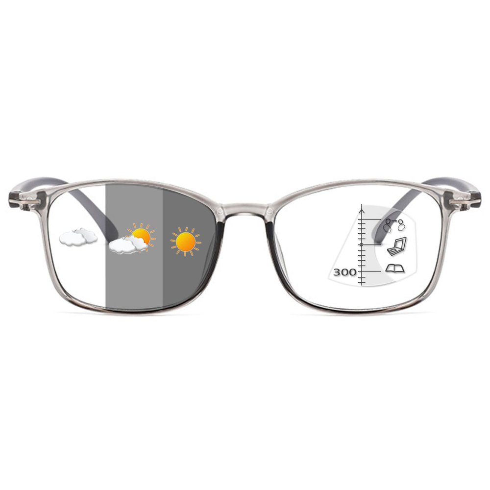 ALKAHE Rectangle Progressive Multifocal Reading Glasses with Photochromic Grey Lens Women Mens Sun Varifocal Eyeglasses Grey Frame Glasses 3.5