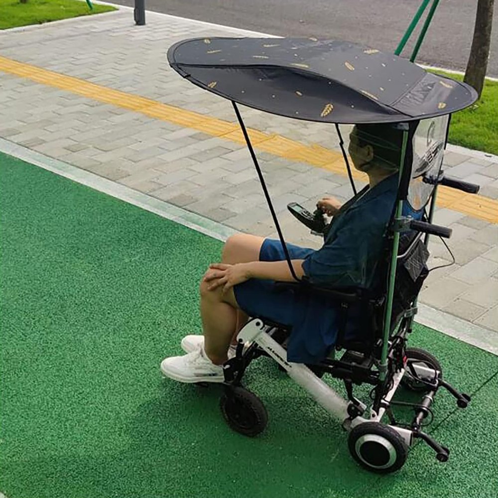 HDXWIFD Universal Electric Wheelchair Sunshade Canopy Awning, Adjustable Folding Rain Sun Shade Wheelchair Canopy, Water Resistant Black with UV Protection Clear