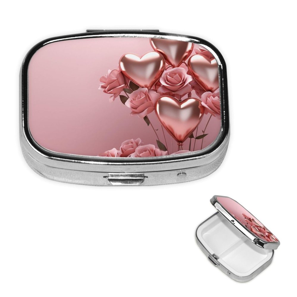 Pink Rose Balloon Heart Pill Box Round Pill Case for Pocket Purse 2 Compartment Medicine Pill Organizer Cute Portable Travel Pillbox Vitamin Cod Liver Oil Storage Box Unique Gift Organizer