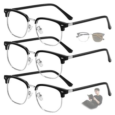 Blue Light reading Glasses for Man women Half Frame Metal Readers Photochromic Anti-UV magnifying (Silver & Black-Black-3pcs,1.0)