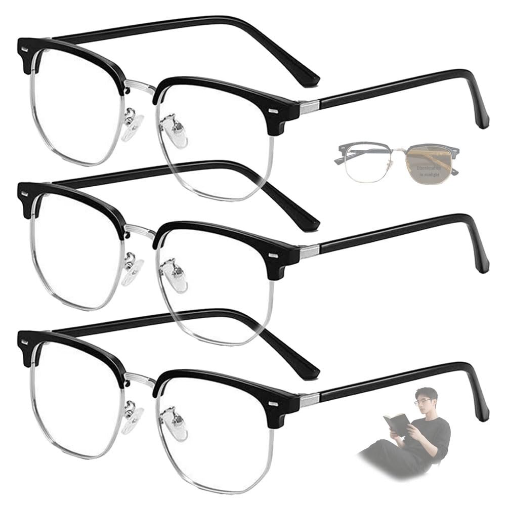 Blue Light reading Glasses for Man women Half Frame Metal Readers Photochromic Anti-UV magnifying (Silver & Black-Black-3pcs,1.0)