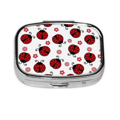 Red Ladybug Flower Pill Box with Mirror 2 Compartment Metal Square Small Pill Case for Purse Pocket Portable Pill Container Holder Travel Medicine Organizer for Vitamin Fish Oil Supplement