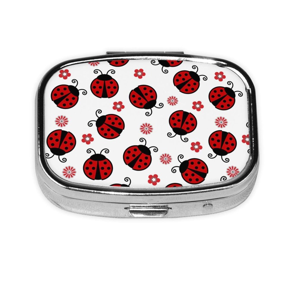 Red Ladybug Flower Pill Box with Mirror 2 Compartment Metal Square Small Pill Case for Purse Pocket Portable Pill Container Holder Travel Medicine Organizer for Vitamin Fish Oil Supplement