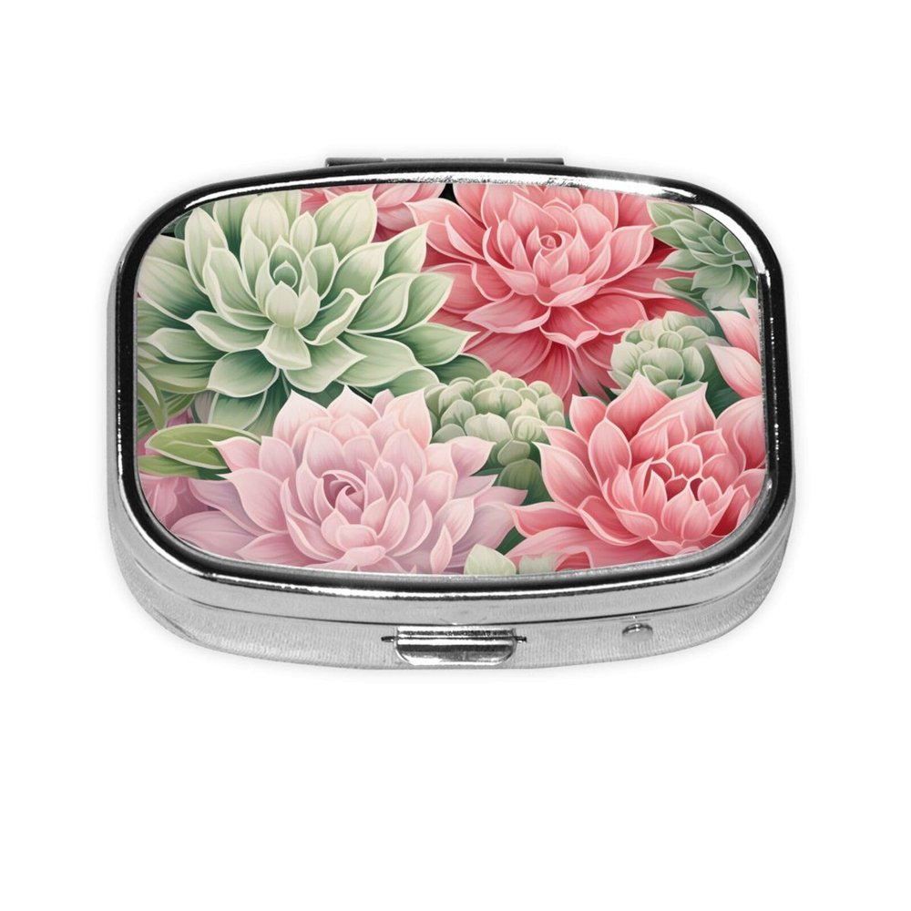 Pretty Lotus Plant Pattern Pill Box with Mirror 2 Compartment Metal Square Small Pill Case for Purse Pocket Portable Pill Container Holder Travel Medicine Organizer for Vitamin Fish Oil Supplement