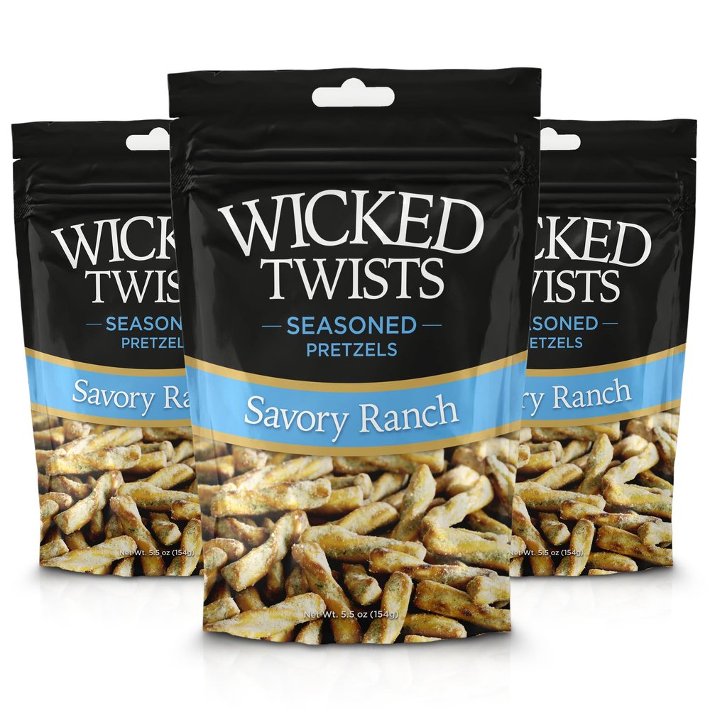 Wicked Twists Savory Ranch Seasoned Pretzels Twists 5.5 oz (3 Pack) Snack Pretzel Sticks Rods, Bold Flavor Snack, Resealable Fresh Pack, Baked Crunch, Party & School-Ready