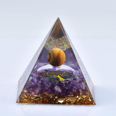 1.969in Orgone Crystal Pyramid with Amethyst Chips, Tiger Eye Sphere, Tree of Life Art & Gold Flakes - Reiki Energy Healing Spiritual Home Decor
