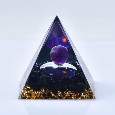 1.969in Orgone Crystal Pyramid with Amethyst Sphere, Obsidian, Gold Flakes & Cosmic Design - Energy Healing Spiritual Home Decor