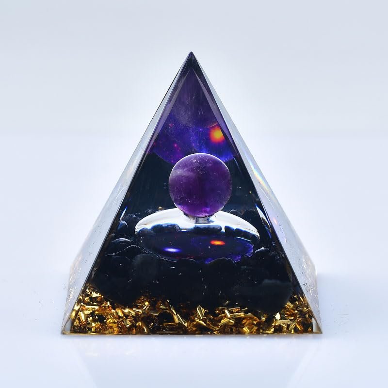 1.969in Orgone Crystal Pyramid with Amethyst Sphere, Obsidian, Gold Flakes & Cosmic Design - Energy Healing Spiritual Home Decor