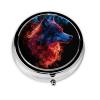 Red Blue Wolf Head Round Pill Case, Portable Pill Box for Pocket Metal Medicine Vitamin Organizer 3 Compartment Three Times A Day view 1