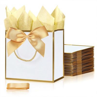 SHIPKEY 10 PCS White Gift Bags (GoldTrim), 7.4"x2.8"x5.9" Small Welcome Bag, Luxury Shopping Bags with Ribbon Handle and Bows (18.8x7x14.8cm)