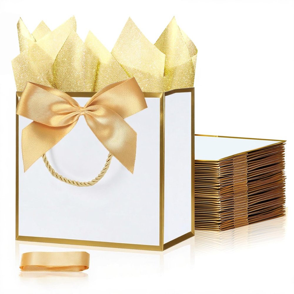 SHIPKEY 10 PCS White Gift Bags (GoldTrim), 7.4"x2.8"x5.9" Small Welcome Bag, Luxury Shopping Bags with Ribbon Handle and Bows (18.8x7x14.8cm)