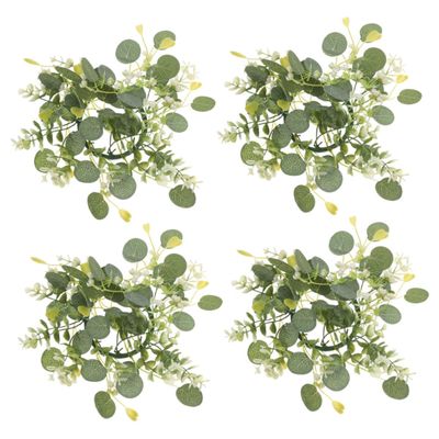 4pcs Faux Eucalyptus Candle Rings Wreaths Farmhouse Decor for Table Centerpiece Door Wall and Wedding Events Artificial Greenery Spring Accent for