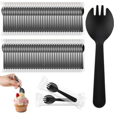 100 Pcs Mini Plastic Sporks Disposable Individually Wrapped Disposable Sporks Plastic Spork 2-in-1 Utensils for Party Wedding Birthday Picnic Family Gathering (4.33'' x 1.22'',black) (100pcs/black)