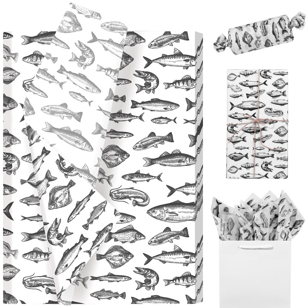 Pineraap 100 Sheets Fishing Wrapping Paper Sea Ocean Fishing Gift Wrap Fish Tissue Paper for Fish Lovers Birthday Summer Party Under The Sea Decorations Gift Bags DIY Crafts, 13.8 x 19.7 Inch