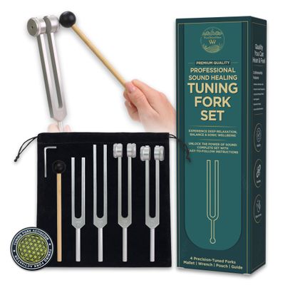 Tuning Forks for Healing Set | 128Hz, 136Hz, 256Hz, 384Hz | Precision Sound Healing Instruments for Chakra Balancing, Meditation & Tone Therapy | 4 Tuning Forks, Reflex Hammer, Activator and Pouch
