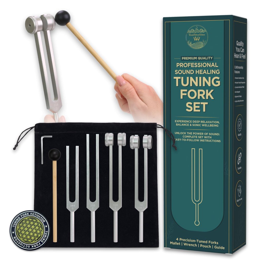 Tuning Forks for Healing Set | 128Hz, 136Hz, 256Hz, 384Hz | Precision Sound Healing Instruments for Chakra Balancing, Meditation & Tone Therapy | 4 Tuning Forks, Reflex Hammer, Activator and Pouch