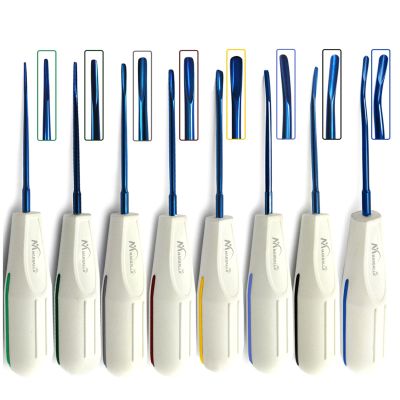 8 Pcs Dental Luxating Elevators Set of 8 Blue Tips Tooth Luxation Root Extraction Elevator White Plastic Handles