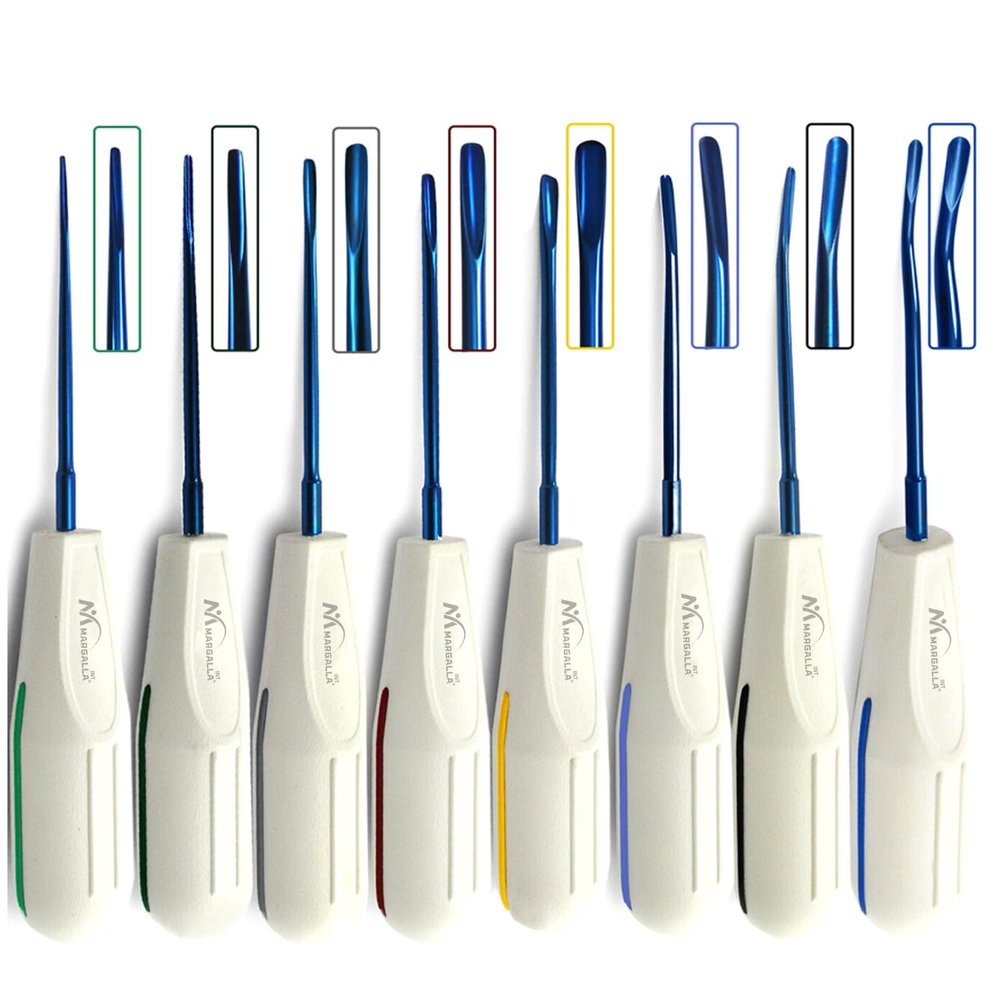8 Pcs Dental Luxating Elevators Set of 8 Blue Tips Tooth Luxation Root Extraction Elevator White Plastic Handles
