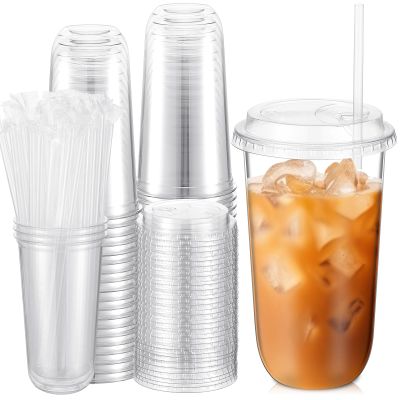 Ziliny 50 Sets Crystal Plastic Cups with Lids and Straws, Disposable Iced Coffee Cups Bulk PET for Wine, Cocktail, Smoothie, Milkshake, Cold Drinks, Juice, Wedding, Birthday, Coffee Shop, Party(20oz)