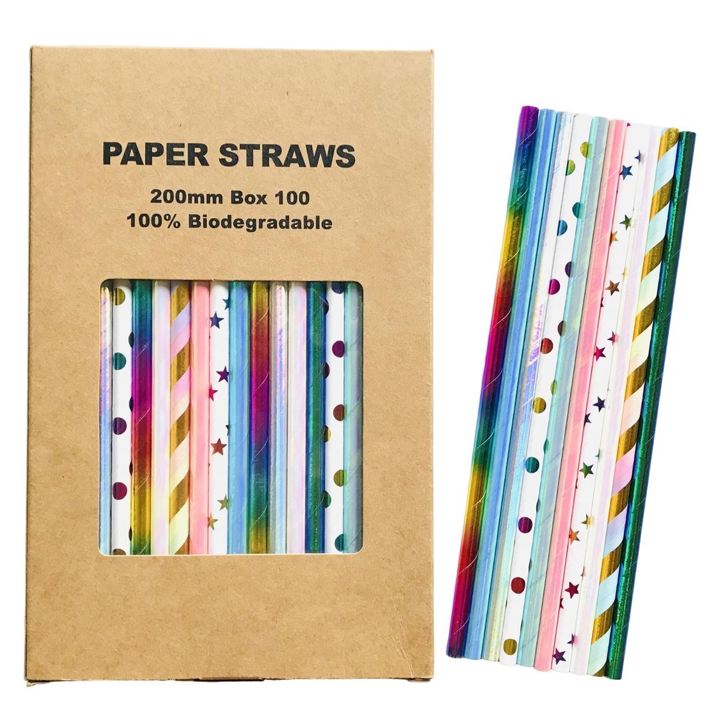 100 Pcs Mixed 10 Styles Metallic Foil Paper Straws, Colorful Birthday Wedding Soiree Party Drinking Straws, Kids Rainbow Gold Aqua Blue White Pink Green Silver Iridescent Cake Pop Sticks (Shiny Party)