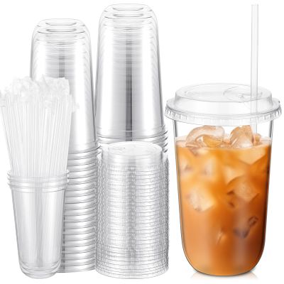 Ziliny 50 Sets Crystal Plastic Cups with Lids and Straws Disposable, 18oz