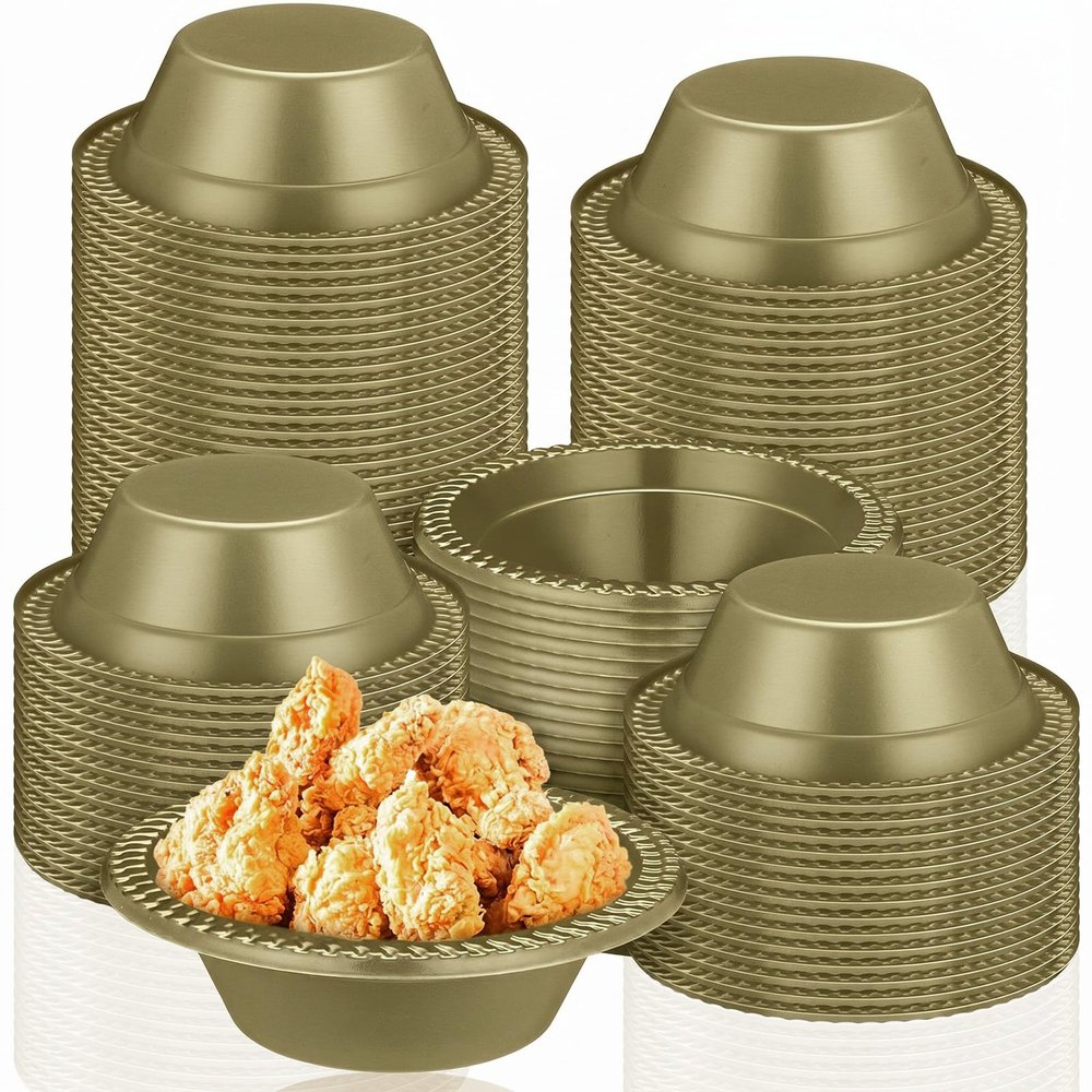 Lallisa 100 Pcs 12oz Gold Disposable Plastic bowls Dessert Cups Ice Cream Snack Salad Soup Food Serving Bowls for Party Favor Picnic