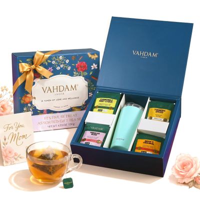 VAHDAM Assorted Tea Gift Set for Mom with Cruise Tumbler (4 Varieties, 60 Tea Bags) | Eco-Friendly Tea Bags | Relaxing Tea Collection for Mom | Mothers Day Gift