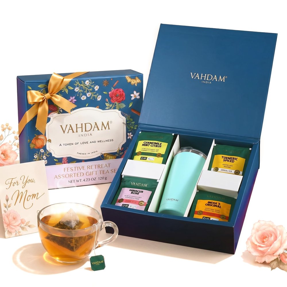 VAHDAM Assorted Tea Gift Set for Mom with Cruise Tumbler (4 Varieties, 60 Tea Bags) | Eco-Friendly Tea Bags | Relaxing Tea Collection for Mom | Mothers Day Gift